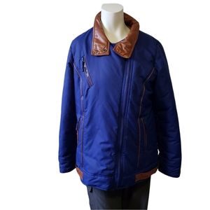 Alpinetek medium blue & faux leather vintage vibe winter ski jacket coat